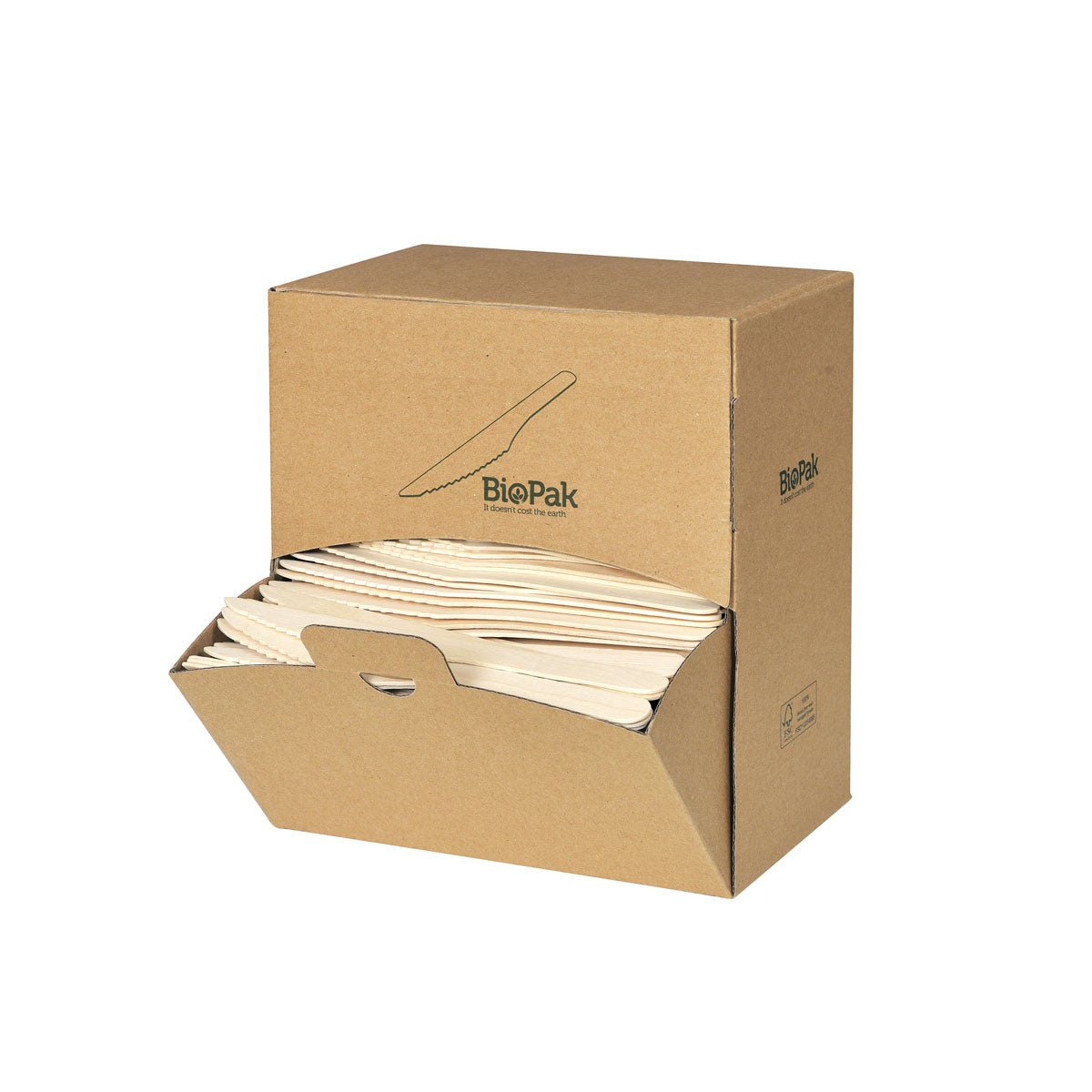 Une simple boîte marron de "Duni GmbH" avec l'inscription "Couteaux en bois 165mm, boîte distributrice naturelle cirée 165 | Paquet (400 pièces)" est ouverte à l'avant et montre une pile de couteaux en bois écologiques et biodégradables. Sur les côtés, il y a des textes et des symboles minimaux.