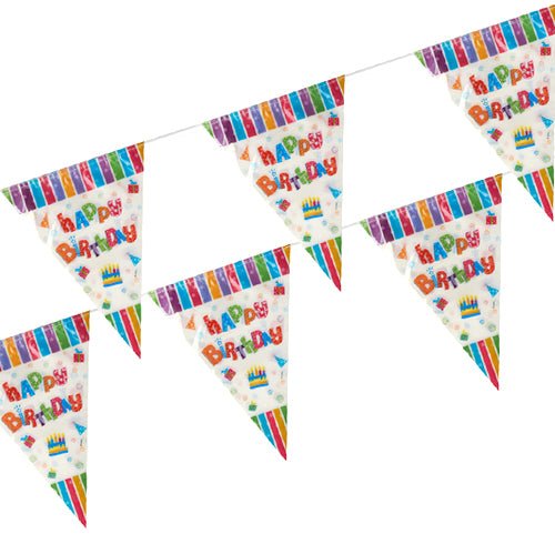 La guirlande de fanions, film résistant aux intempéries de la PAPSTAR GmbH se distingue par ses fanions colorés « Joyeux Anniversaire » avec des gâteaux, des ballons et une bordure rayée - parfaits pour les événements en plein air. Partie de la collection de guirlandes de fanions PAPSTAR.