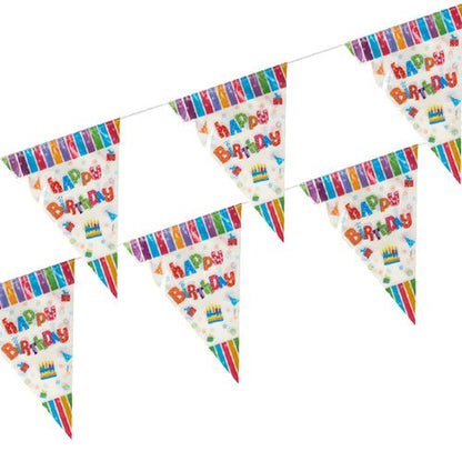 La guirlande de fanions, film résistant aux intempéries de la PAPSTAR GmbH se distingue par ses fanions colorés « Joyeux Anniversaire » avec des gâteaux, des ballons et une bordure rayée - parfaits pour les événements en plein air. Partie de la collection de guirlandes de fanions PAPSTAR.