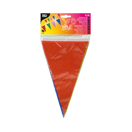 Le set de guirlandes de fanions de la PAPSTAR GmbH comprend des fanions triangulaires rouges en film résistant aux intempéries, emballés avec une façade en plastique transparent et une étiquette colorée avec des motifs de drapeaux. L'étiquette indique une longueur de 4 mètres.