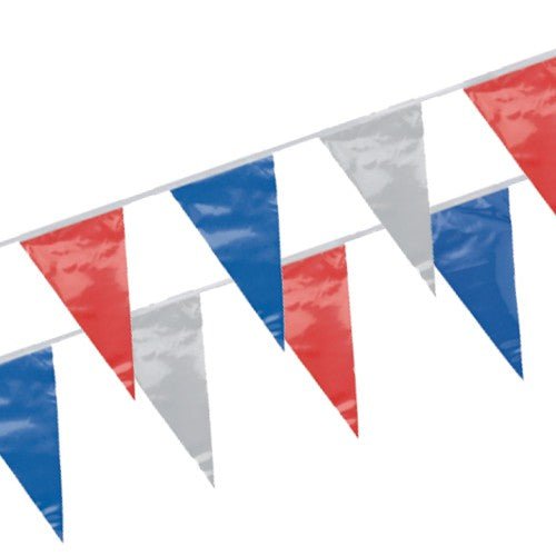 La PAPSTAR guirlande de fanions, film résistant aux intempéries de la PAPSTAR GmbH se compose de fanions triangulaires rouge-blanc-bleu sur une corde - parfait pour les événements et décorations en plein air.