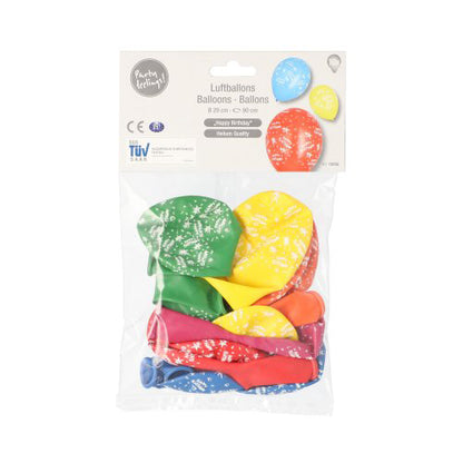 Un sac en plastique transparent de la société PAPSTAR GmbH contient 10 ballons "Happy Birthday" triés PAPSTAR (Ø 29 cm), idéal pour la décoration d'anniversaire. L'étiquette contient des graphiques de fête, des "ballons" multilingues et des logos de certification.