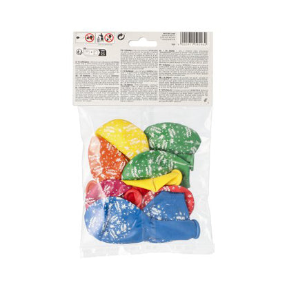 Un sac en plastique transparent de la société PAPSTAR GmbH contient 10 ballons "Happy Birthday" colorés (Ø 29 cm) avec un motif de flocon de neige blanc ; les instructions et avertissements se trouvent sur une étiquette blanche en haut.