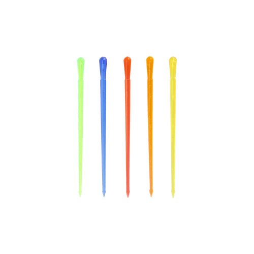 Cinq colorés PAPSTAR Pique-décoration « Drop » (8 cm) de la PAPSTAR Des bandes aux couleurs vert, bleu, orange, rouge et jaune sont disposées verticalement sur un fond blanc. Chacune présente une extrémité arrondie et une pointe effilée, ce qui en fait un élément idéal pour une décoration de fête élégante.