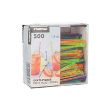 La boîte "PAPSTAR Deko-Picker 'Drop' 8 cm, assortis en couleurs pour les fêtes" de PAPSTAR GmbH contient 500 piques de fête colorés dans un plateau en carton - idéal pour décorer des boissons et des amuse-gueules lors de toute célébration.