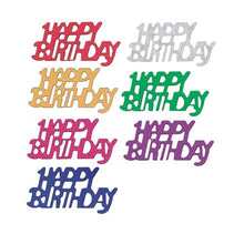 PAPSTAR Décoration de table "Joyeux Anniversaire" en feuille colorée (sachet de 15 g) présente des signes vifs et colorés - rouge, argent, jaune, vert, rose, violet, bleu - sur fond blanc. Parfait pour les décorations de table d'anniversaire.