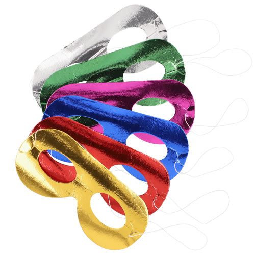 Six masques faciaux colorés PAPSTAR GmbH "Métalliques" assortis (6 pièces) avec des trous pour les yeux et un élastique blanc, parfaits pour les fêtes ou les célébrations. Chaque masque a une finition métallique et est livré dans un sac pratique.