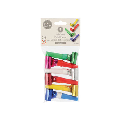 Un emballage en plastique transparent contient six trompettes de fête de PAPSTAR GmbH de différentes couleurs avec des surfaces métalliques ; l'étiquette supérieure montre la marque et indique qu'elles ne conviennent pas aux enfants de moins de trois ans.