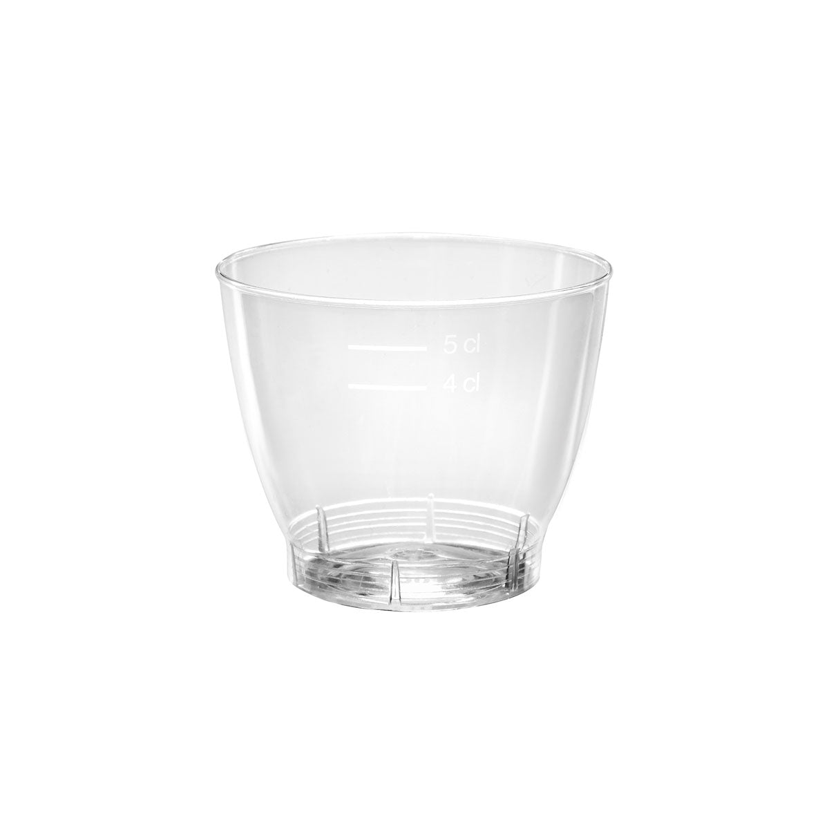 Le verre de portion Duni GmbH Crystallo 65 ml en PLA transparent est illustré avec les marques 4 cl et 5 cl sur fond blanc. L'emballage contient 40 pièces.