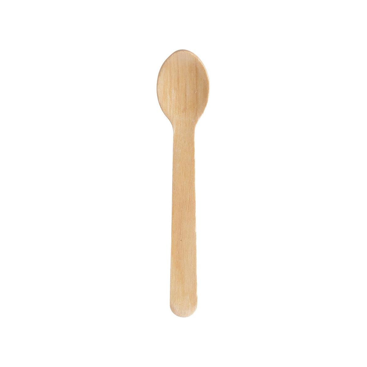 Une mini-cuillère Silva 90 mm en bois ciré naturel de Duni GmbH, fabriquée en bois ciré avec un manche plat et un bol arrondi, est représentée isolée sur un fond blanc. Vendue en paquets de 100 pièces.
