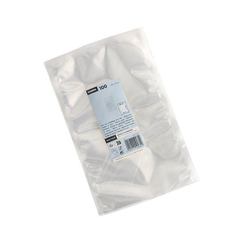 Un emballage plastique transparent avec 100 sacs Starpak à bord scellé (PA/PE, 40 x 30 cm, transparent) pour aliments, avec une étiquette blanc-bleu indiquant les informations et la quantité. L'article est photographié sur un fond blanc.