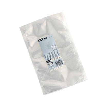 Un emballage plastique transparent avec 100 sacs Starpak à bord scellé (PA/PE, 40 x 30 cm, transparent) pour aliments, avec une étiquette blanc-bleu indiquant les informations et la quantité. L'article est photographié sur un fond blanc.