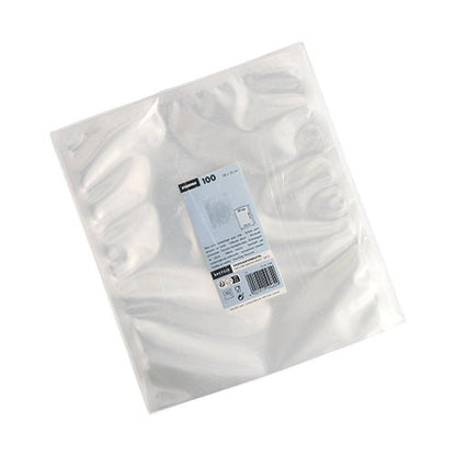 Un paquet de 100 sacs transparents Starpak à bord scellé (40 x 30 cm, PA/PE) est livré dans un emballage avec une étiquette blanc-bleu contenant les informations sur le produit, un code-barres et l'image d'un sac alimentaire sous vide.