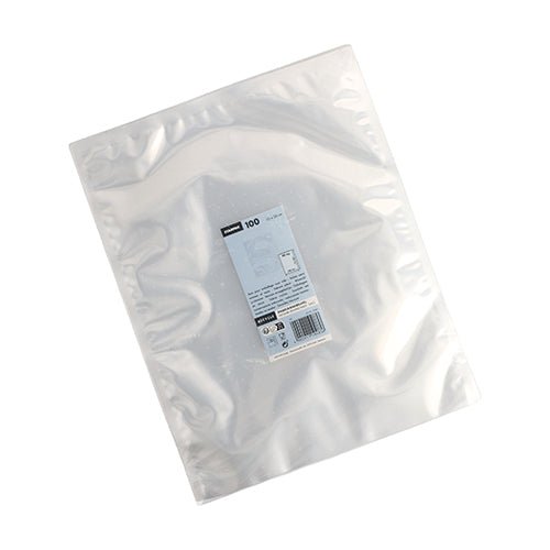 Un sac Starpak 100 à bord scellé (PA/PE transparent) vide et plat au format 40 x 30 cm est représenté sur un fond blanc avec une étiquette centrale blanc-bleu. L'emballage contient 100 sacs alimentaires sous vide refermables de la marque Starpak.