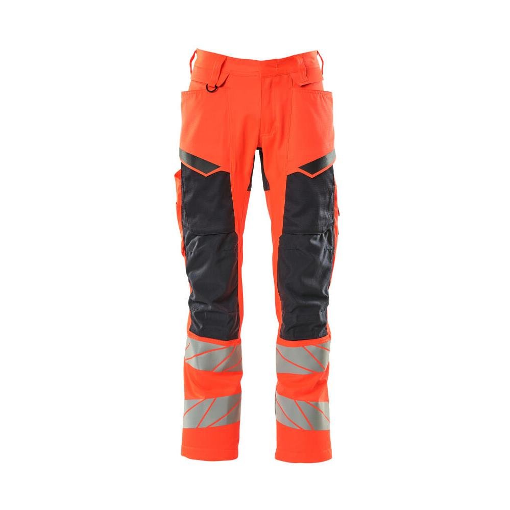 Pantalon avec poches genoux, pantalon avec empiècements stretch, rouge haute visibilité/noir-bleu