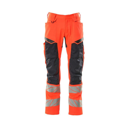 Pantalon avec poches genoux, pantalon avec empiècements stretch, rouge haute visibilité/noir-bleu