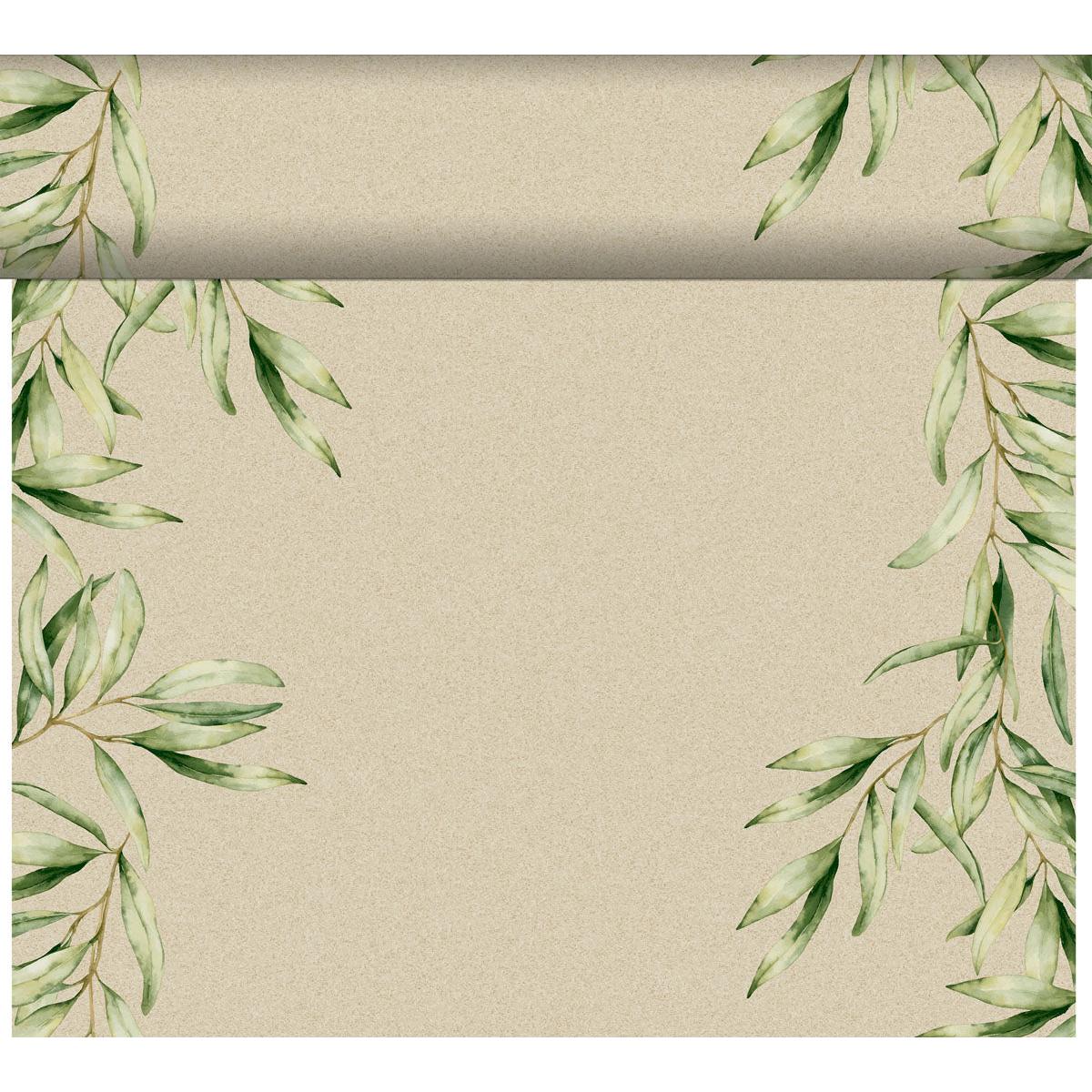 Chemin de table beige Dunicel Tête-à-Tête de Duni GmbH (24 m x 0,4 m, 20 sections) avec des feuilles aquarelles vertes sur les bords et un effet papier roulé - idéal pour l'inspiration ou une décoration de table élégante.
