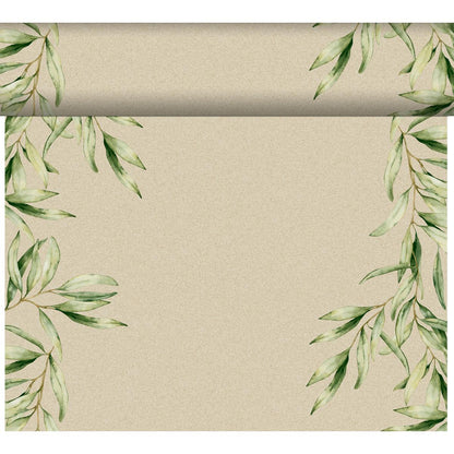 Chemin de table beige Dunicel Tête-à-Tête de Duni GmbH (24 m x 0,4 m, 20 sections) avec des feuilles aquarelles vertes sur les bords et un effet papier roulé - idéal pour l'inspiration ou une décoration de table élégante.
