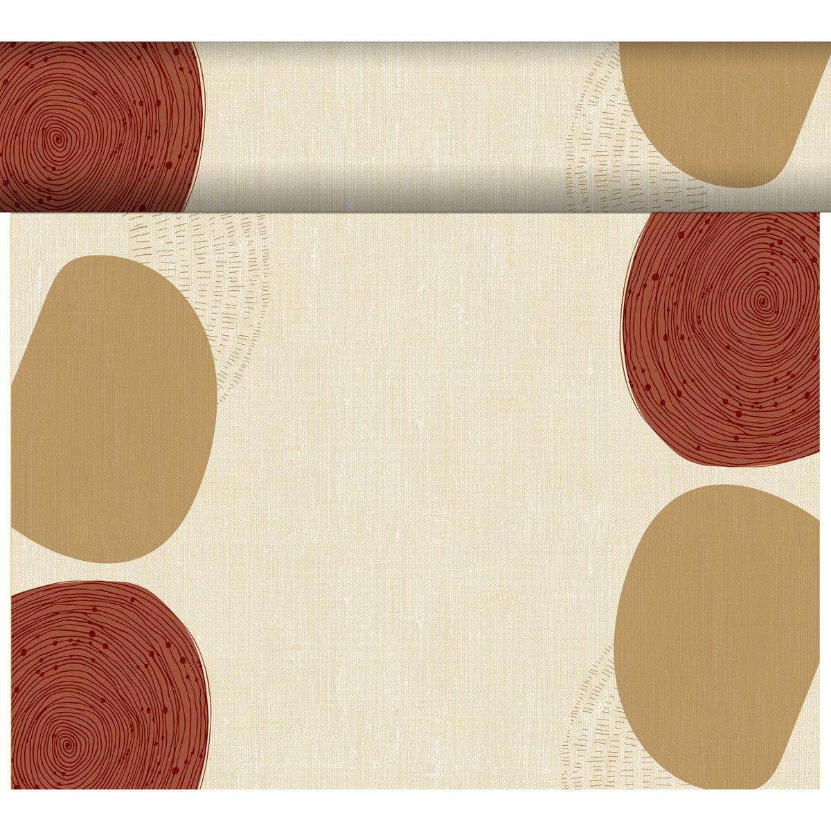 Un fond beige avec de grandes formes marron et rouille accentue les bords, tandis qu'un chemin de table Dunicel Tête-à-Tête (24 m x 0,4 m, 20 sections) de Duni GmbH est posé dessus - idéal pour une décoration de table élégante.