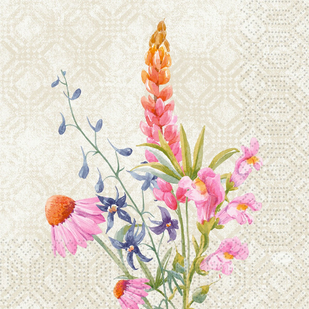 Une illustration de fleurs sauvages aquarellée par Floret Design orne ces serviettes 3 plis de Duni GmbH, 33x33 cm, paquet de 250.