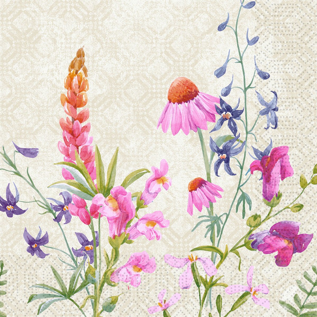 Une illustration de fleurs sauvages roses, violettes et bleues avec des feuilles vertes sur un fond beige texturé orne les serviettes Duni GmbH 40x40 cm, 3 plis, design Floret | Paquet (250 pièces).