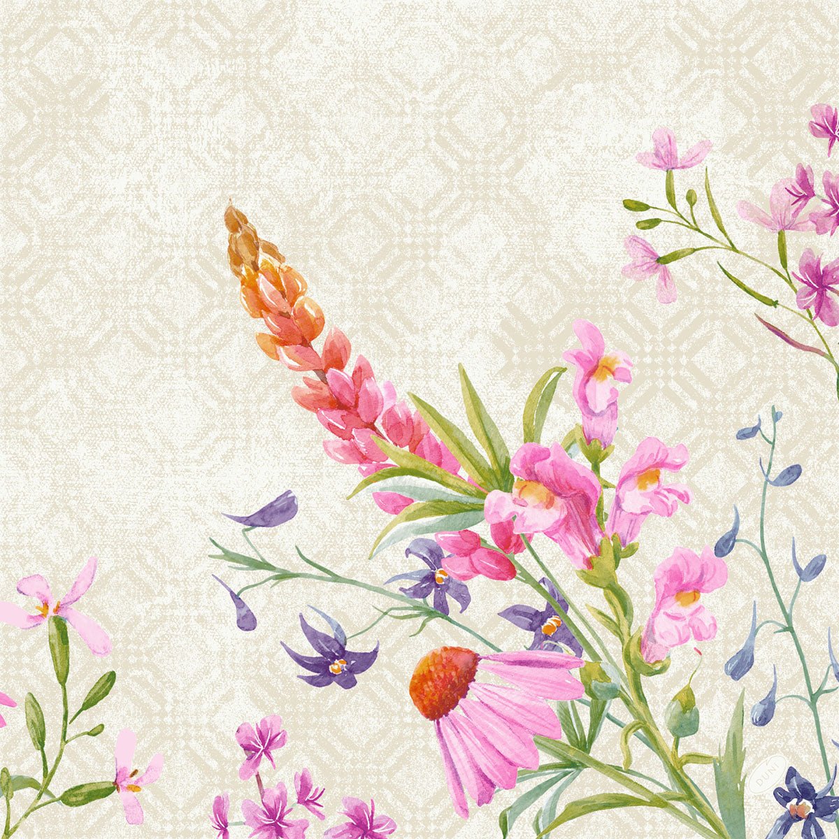 Une illustration à l'aquarelle de fleurs sauvages en rose, violet et orange forme le motif élégant Floret sur ces serviettes Klassik Floret de Duni GmbH 40x40 cm (paquet de 50 pièces) - idéal pour une décoration de table élégante.