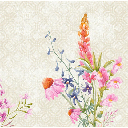 Une illustration aquarelle avec des échinacées roses, des fleurs bleues et de grandes lupins roses orne un fond beige à motifs - parfait pour les serviettes Dunisoft 40x40cm de Duni GmbH.