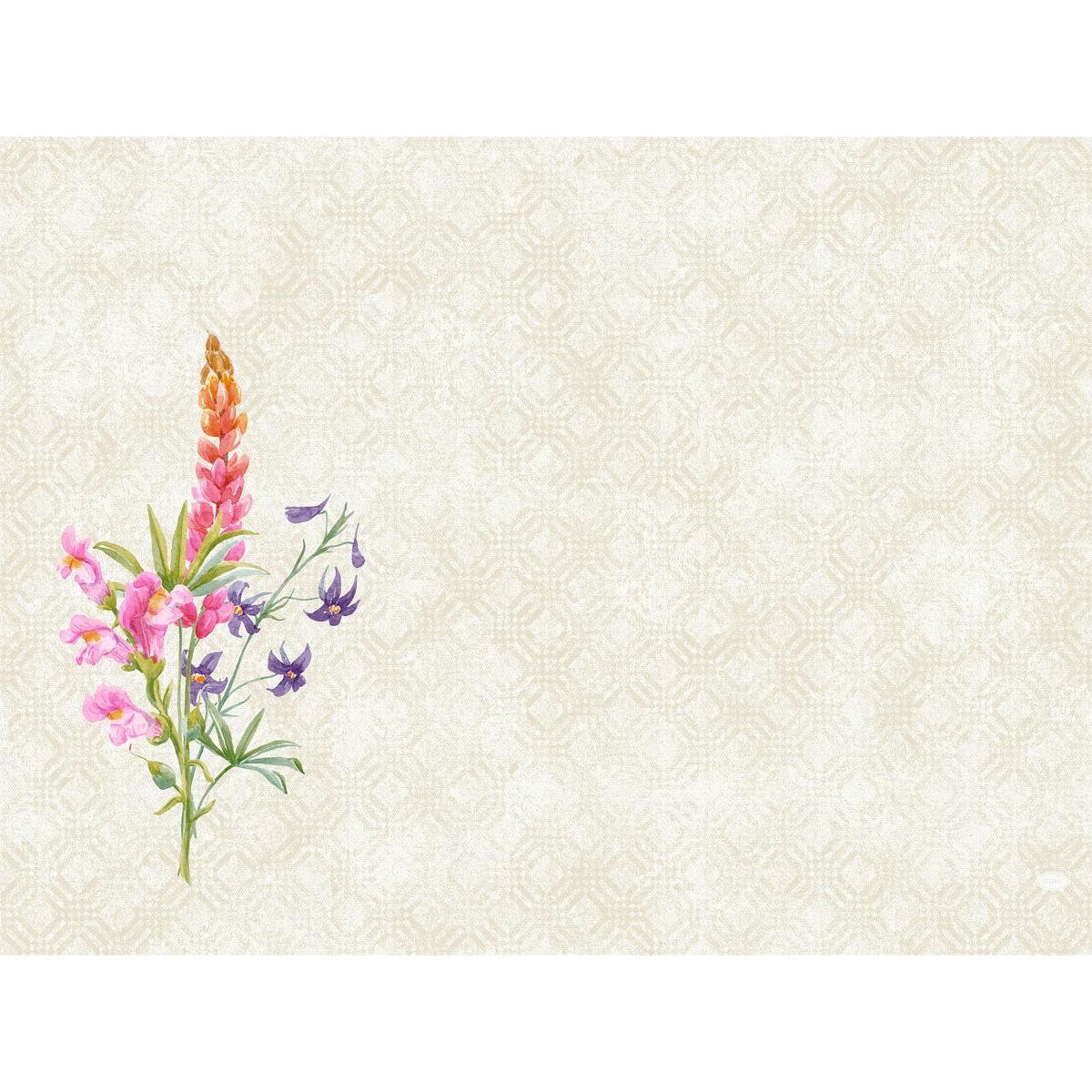 Une aquarelle représentant des lupins roses et orange aux fleurs violettes sur des tiges vertes, à gauche sur un fond géométrique beige – idéale pour les sets Dunicel 30 x 40 de Duni GmbH.