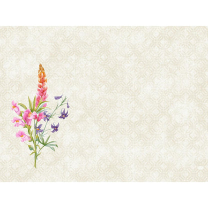 Une aquarelle représentant des lupins roses et orange aux fleurs violettes sur des tiges vertes, à gauche sur un fond géométrique beige – idéale pour les sets Dunicel 30 x 40 de Duni GmbH.