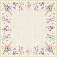 Quadratischer beiger Hintergrund, umrandet von aquarellierten Wildblumen in Rosa, Lila, Orange und Grün. Ideal zum Ausstellen der Dunisilk MD Floret Tischdecke 84x84 cm von Duni GmbH - hochwertiger Stoff, Packung mit 20 Stück.