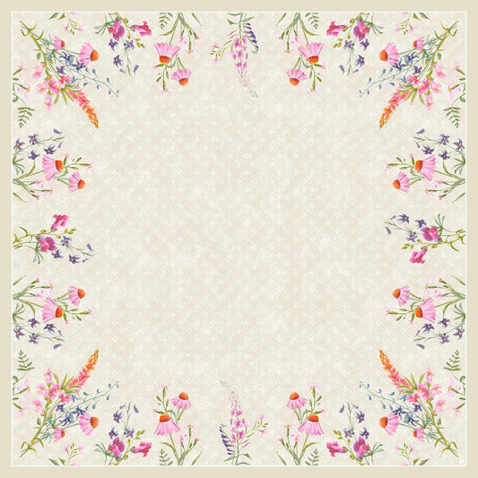 Quadratischer beiger Hintergrund, umrandet von aquarellierten Wildblumen in Rosa, Lila, Orange und Grün. Ideal zum Ausstellen der Dunisilk MD Floret Tischdecke 84x84 cm von Duni GmbH - hochwertiger Stoff, Packung mit 20 Stück.