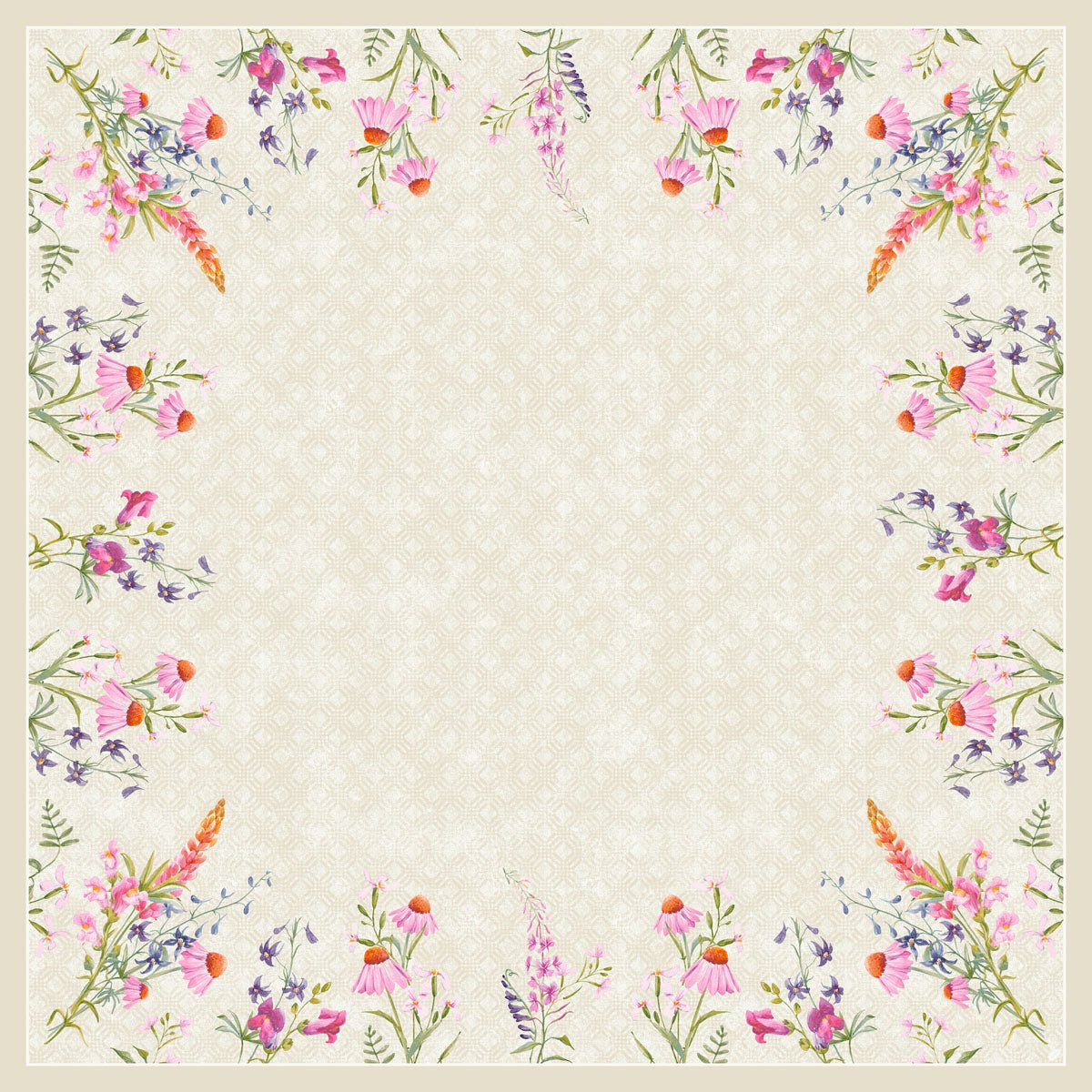 Le napperon Dunicel 84x84cm Floret de Duni GmbH est un revêtement de table carré beige avec un motif floral discret et des bordures de fleurs sauvages aquarellées en rose, violet, orange et vert ; le centre est libre pour du texte ou des images.