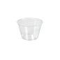 Un gobelet à vinaigrette transparent en rPET de 120 ml de Duni GmbH (74x74x47 mm) avec une large ouverture et des côtés légèrement effilés est représenté sur un fond uni blanc. Vendu en paquets de 200 pièces.