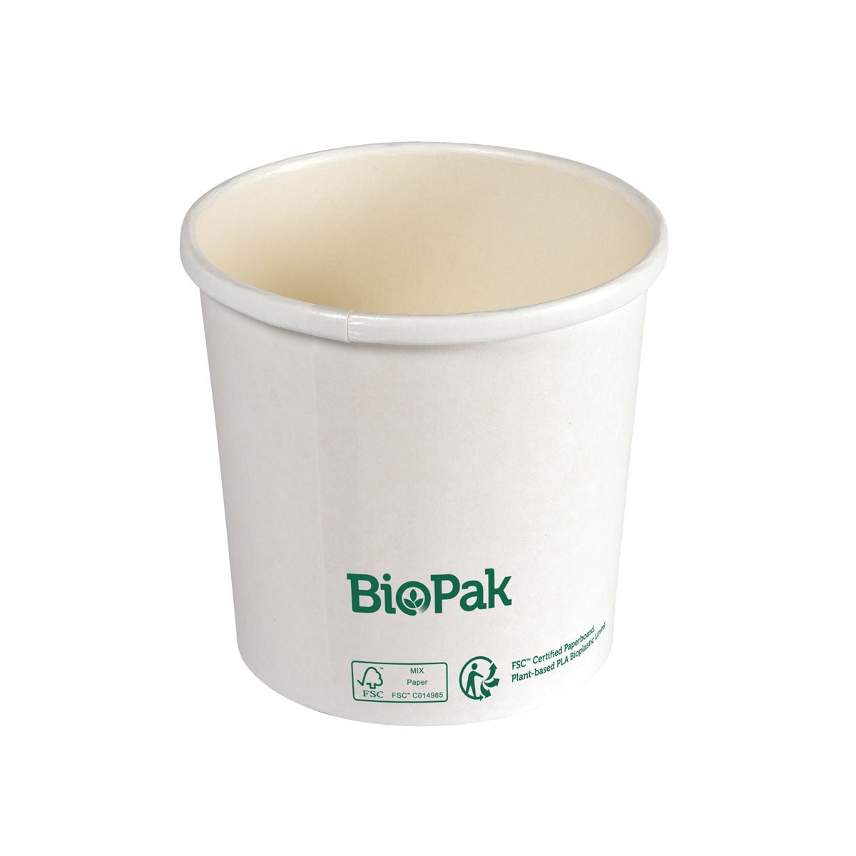 Un bol blanc biodégradable Ronda SHORT en carton/PLA de Duni GmbH avec un logo vert et des symboles de certification, photographié sur fond blanc comme alternative durable aux bols jetables traditionnels.