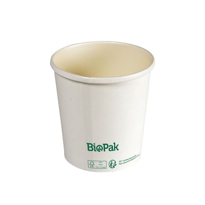 Un bol Ronda SHORT en carton/PLA de Duni GmbH - une alternative durable grâce à un matériau biodégradable, avec le logo de la marque et des symboles de certification sur fond blanc.