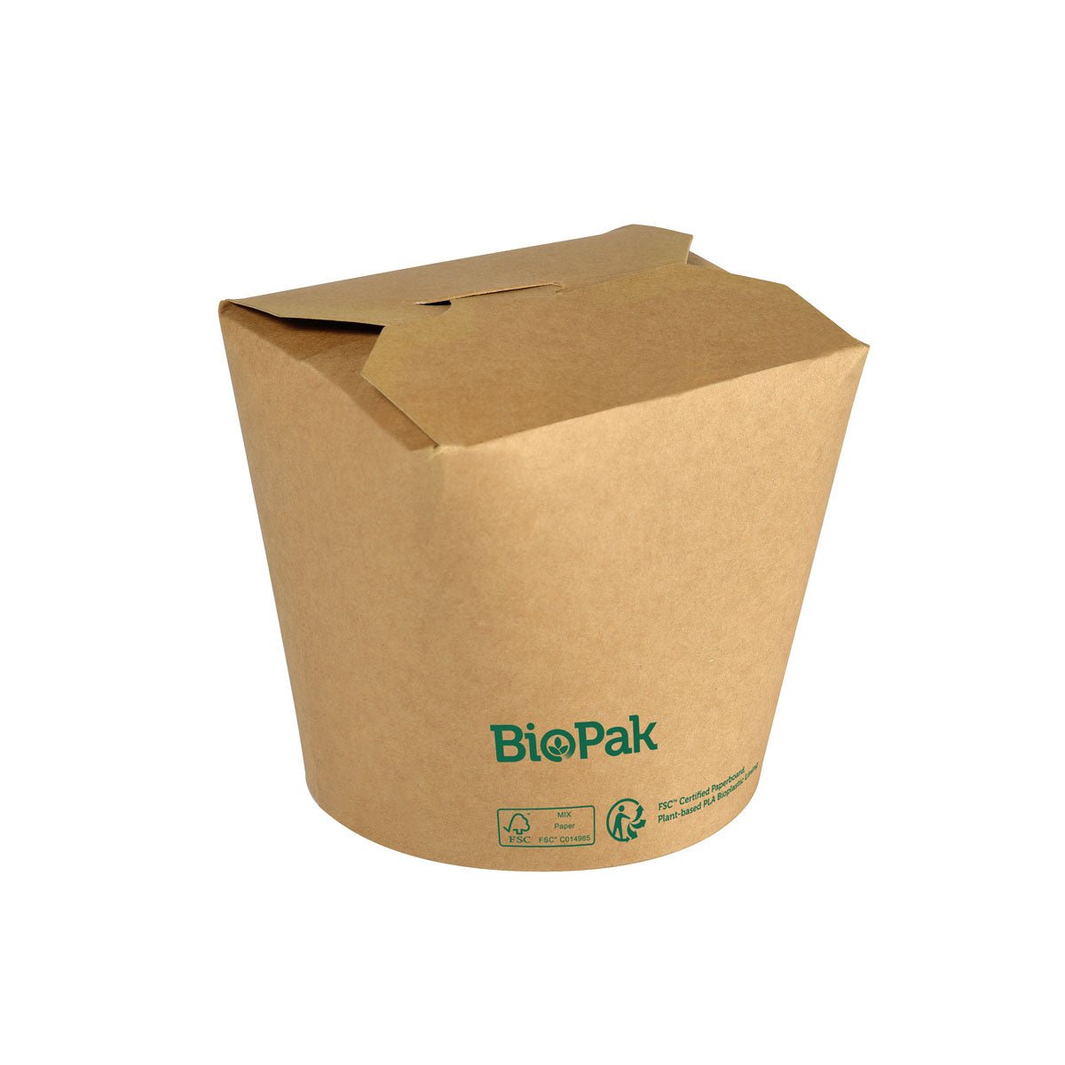 Une boîte brune fermée, biodégradable, avec des symboles écologiques et le logo Duni GmbH en vert, repose sur un fond blanc - idéale comme bol écologique pour vos repas Bowl Ronda ASIA Carton/PLA 750 ml.