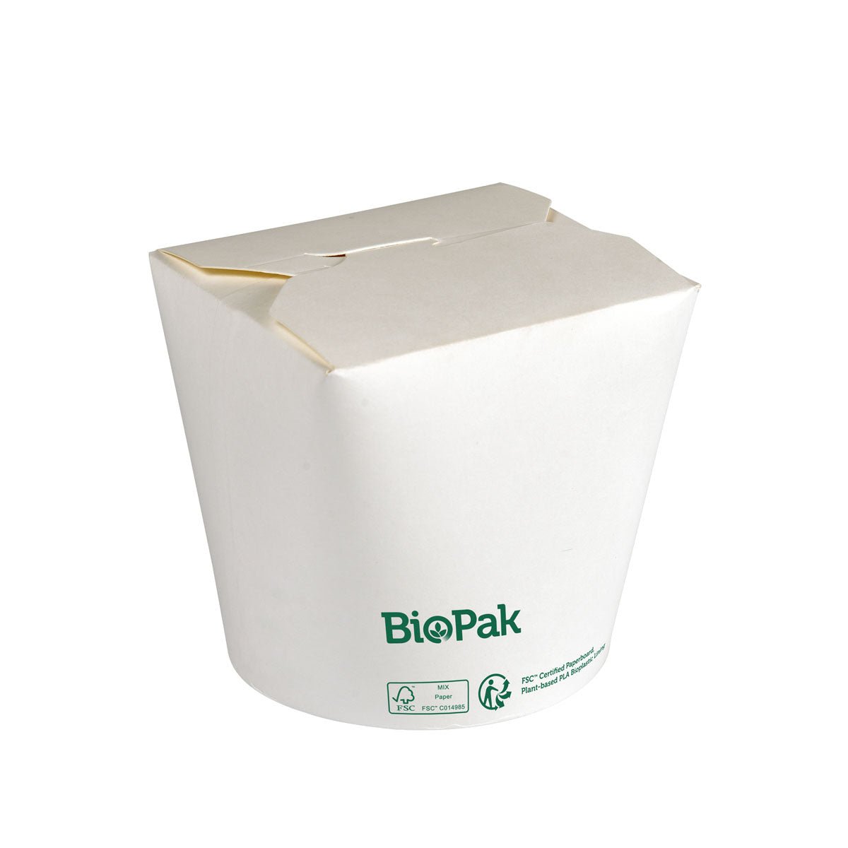 Un bol blanc Ronda ASIA Carton/PLA 750 ml de Duni GmbH, ici avec couvercle fermé, est orné de symboles écologiques verts et de "biodégradable" sur le côté pour souligner son design respectueux de l'environnement.