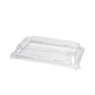 Un couvercle rectangulaire transparent en rPET pour sushi medium (226x146x33 mm) de Duni GmbH est présenté sur un fond blanc simple - parfait pour les emballages de sushi écologiques. Paquet : 50 pièces.