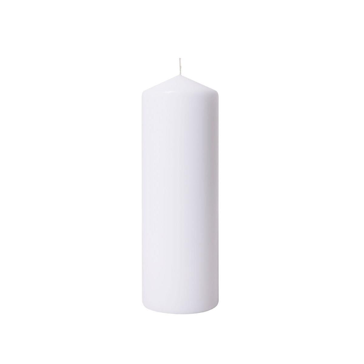 La bougie cylindrique blanche 300x100 mm de Duni GmbH se présente avec une surface lisse et une mèche non allumée sur un fond blanc - idéale pour la décoration et les événements, avec une durée de combustion impressionnante de 200 heures (1 pièce).