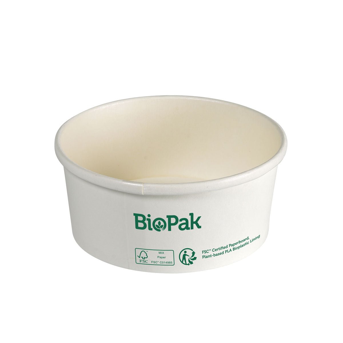 Bol rond blanc Ronda SLIM en carton/PLA jetable de Duni GmbH avec un logo vert et des symboles de certification écologique sur le côté devant un fond blanc simple.