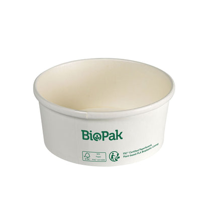 Bol rond blanc Ronda SLIM en carton/PLA jetable de Duni GmbH avec un logo vert et des symboles de certification écologique sur le côté devant un fond blanc simple.