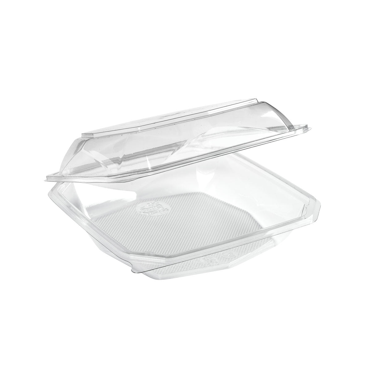 Un conteneur alimentaire transparent Duni GmbH rPET Octaview® M rPET 185x185x70 avec couvercle ouvert, emballage (255 pièces), est représenté sur un fond blanc simple.