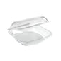 Un conteneur alimentaire transparent Duni GmbH rPET Octaview® M rPET 185x185x70 avec couvercle ouvert, emballage (255 pièces), est représenté sur un fond blanc simple.