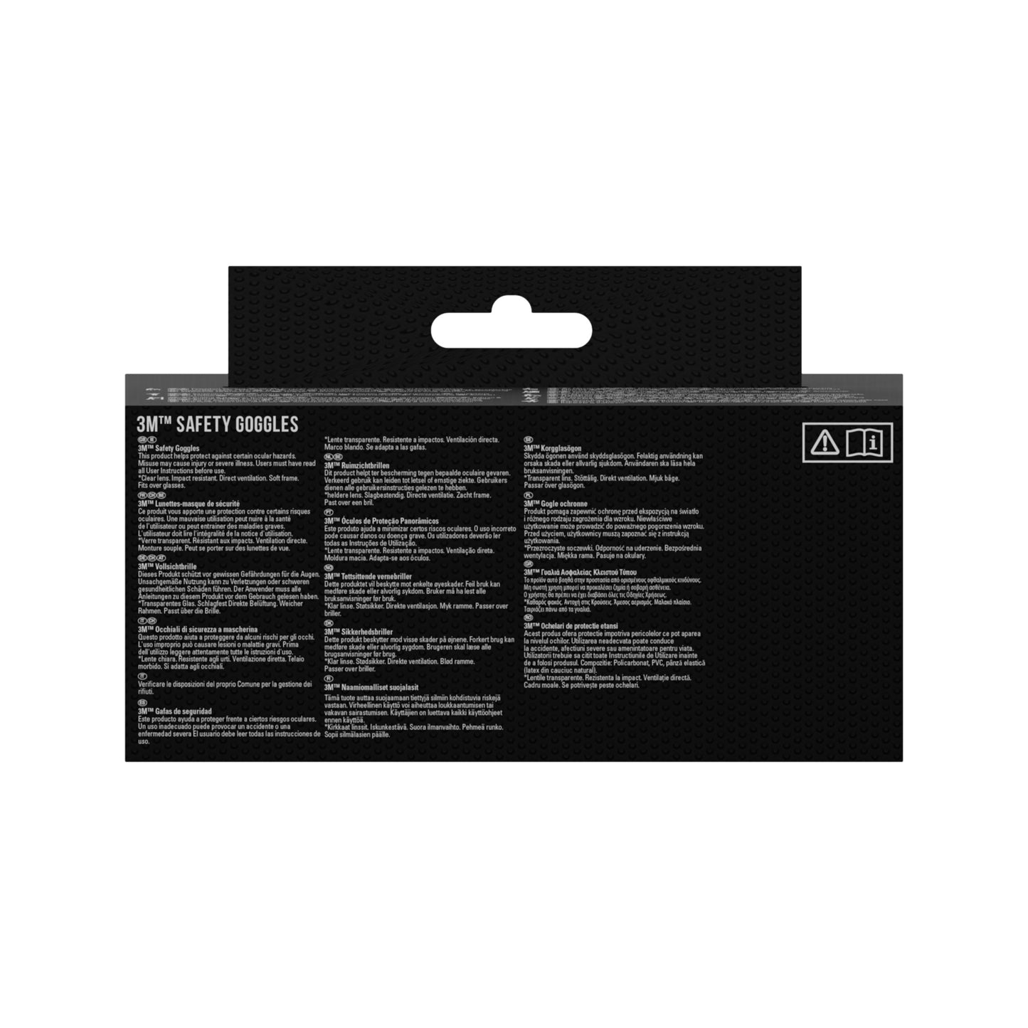 Rückseite einer 3M™ Classic Schutzbrille 4700-Verpackung von 3M Deutschland GmbH zeigt Augenschutz-Infos und Sicherheitshinweise in mehreren Sprachen auf Schwarz, mit einem oberen Ausschnitt zum Aufhängen und Details zum direkt belüfteten Klarsichtscheiben-Design.