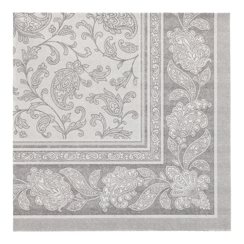 Tapis gris et blanc avec motif floral et cachemire, dont la bordure décorative reflète l'élégance raffinée des PAPSTAR 50 serviettes "ROYAL Collection" 1/4-pli 40 x 40 cm gris de PAPSTAR GmbH. Le design symétrique apporte de la sophistication à chaque pièce.