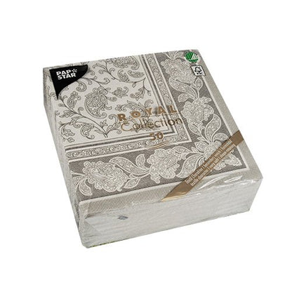 Un paquet scellé de 50 PAPSTAR "ROYAL Collection" serviettes, 1/4-pli, 40 x 40 cm, en gris. L'emballage de PAPSTAR GmbH est marqué au coin avec le logo et les informations sur le produit.