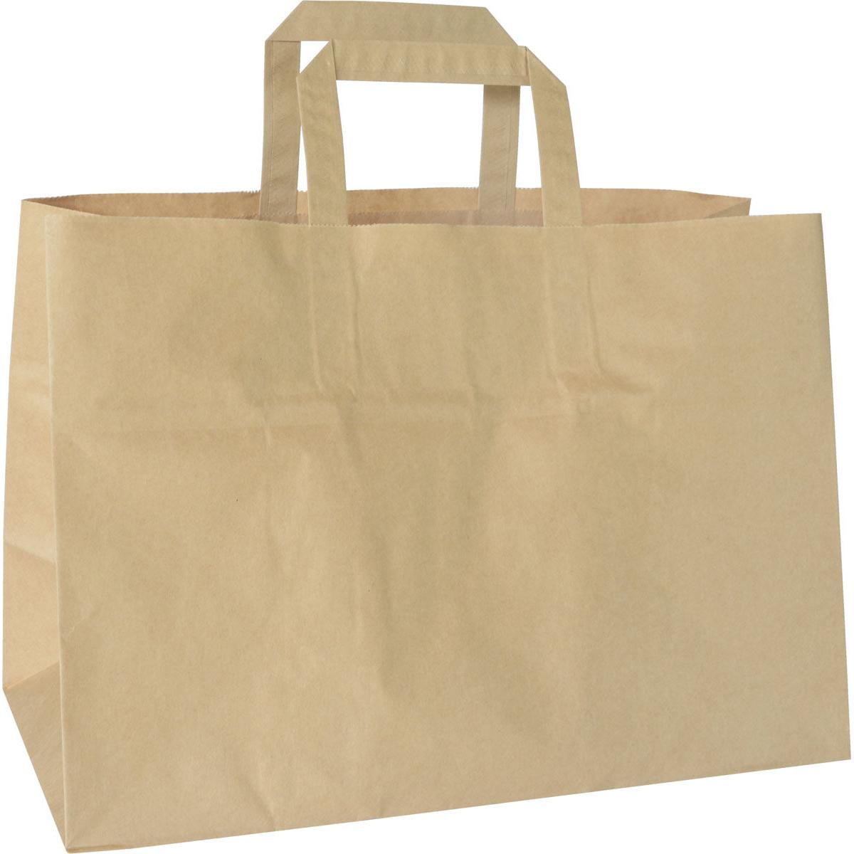 Le sac à emporter Duni GmbH, article alternatif 194784, en papier brun certifié FSC (360x170x270mm), a deux poignées plates et des côtés rectangulaires. Il est emballé en 200 pièces et se tient debout sur un fond blanc.