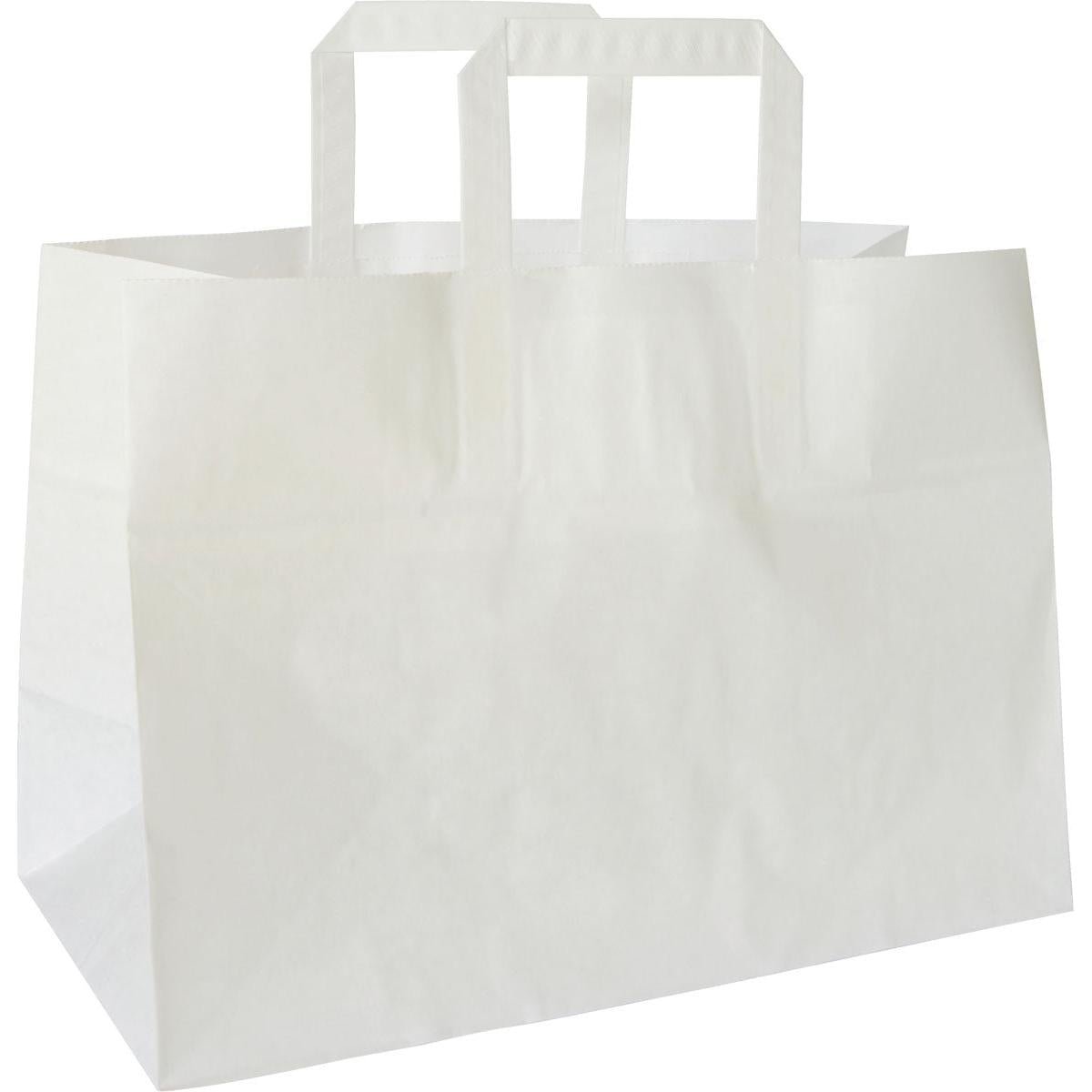 Un simple sac à emporter blanc (article alternatif 194085) en papier certifié FSC de Duni GmbH, 350x170x270 mm avec deux poignées rectangulaires, se tient debout sur un fond blanc. L'emballage contient 200 pièces.