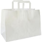 Un simple sac à emporter blanc (article alternatif 194085) en papier certifié FSC de Duni GmbH, 350x170x270 mm avec deux poignées rectangulaires, se tient debout sur un fond blanc. L'emballage contient 200 pièces.