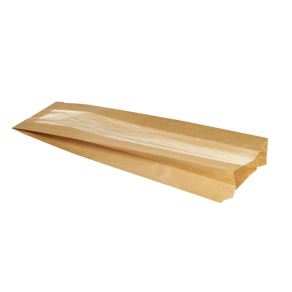 Le sac en papier Duni GmbH pour baguettes, carton brun/cellulose, 370x100x50 mm, paquet (1000 pièces), dispose d'une fenêtre transparente et est parfait comme emballage écologique pour les produits de boulangerie - idéal pour les boulangeries. Représenté sur fond blanc.